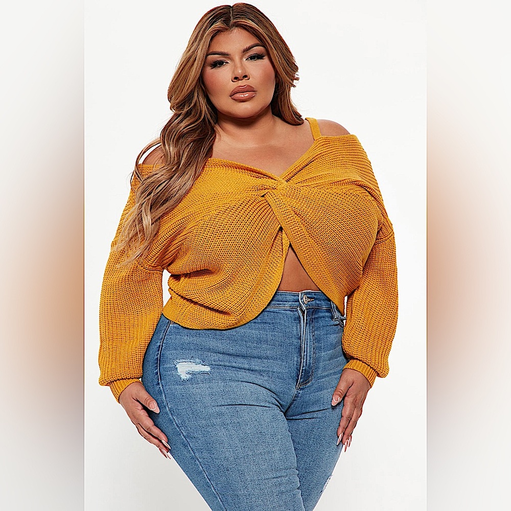 Fashion Nova Fall Fave Twist Sweater - Mustard - 1X